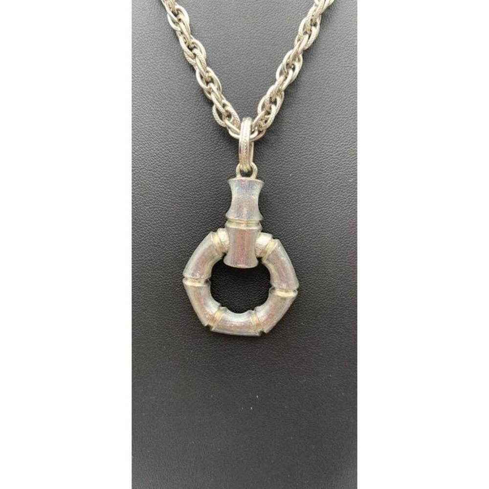 Vintage Silver Tone Chunky Chain W Articulated Door Knocker Style Bamboo Pendant - Picture 2 of 3
